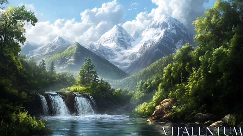 Whispering falls beneath storybook snowcapped guardians.