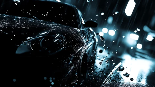 Sports car slices through neon rain on wet city street