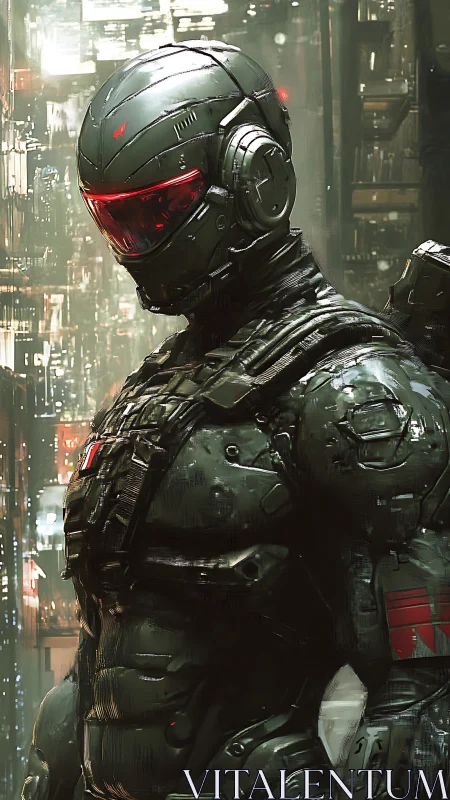 Armored cybernetic soldier stands in dense urban environment