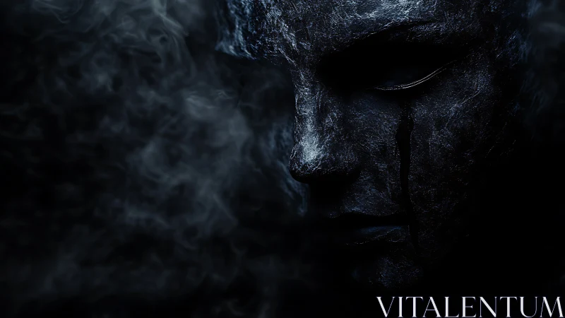 Shadowed stone face with quiet tears in the drifting dark.