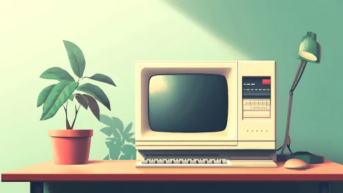 Retro desktop computer with plant and lamp on desk.