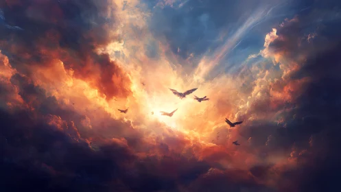 Dramatic fiery sky with birds crossing bright cloud opening.