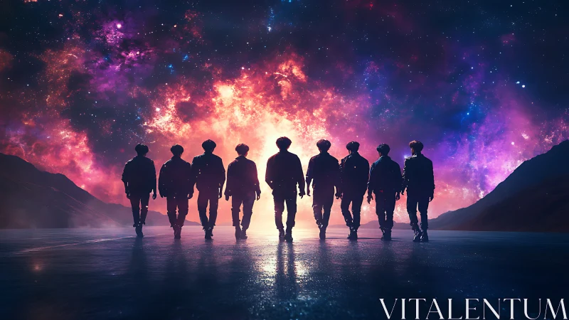 Silhouetted group walking under vivid cosmic night sky.