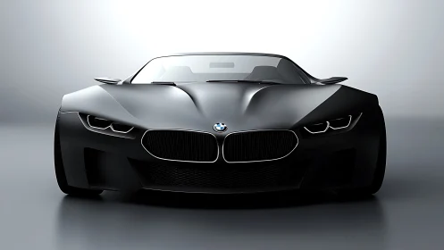 Front view shows matte black BMW sports car under soft light