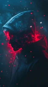 Hooded figure side profile dissolves into red particle glow