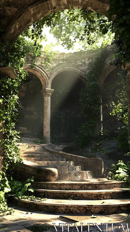 Sunlit ivy-covered stone courtyard whispers quiet stories