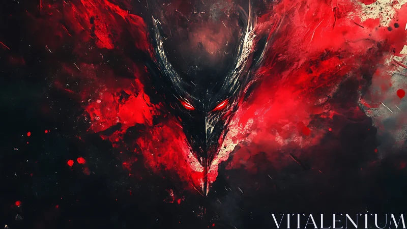 Demonic raven visage emerging from crimson smoke field.