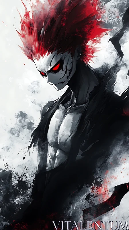 Crimson-eyed wraith warrior smolders in ink-splashed chaos.