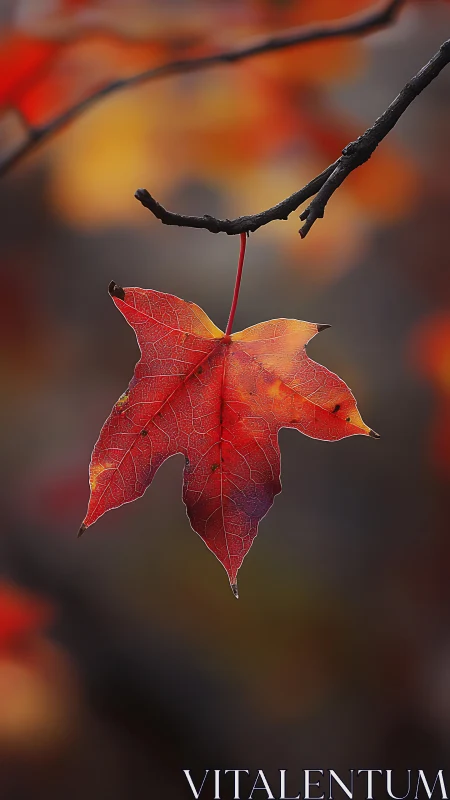 Macro study of suspended maple leaf with shallow depth of field.