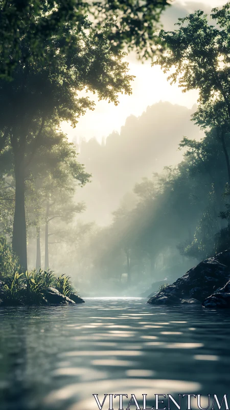 Forest river valley with morning mist and overhead canopy