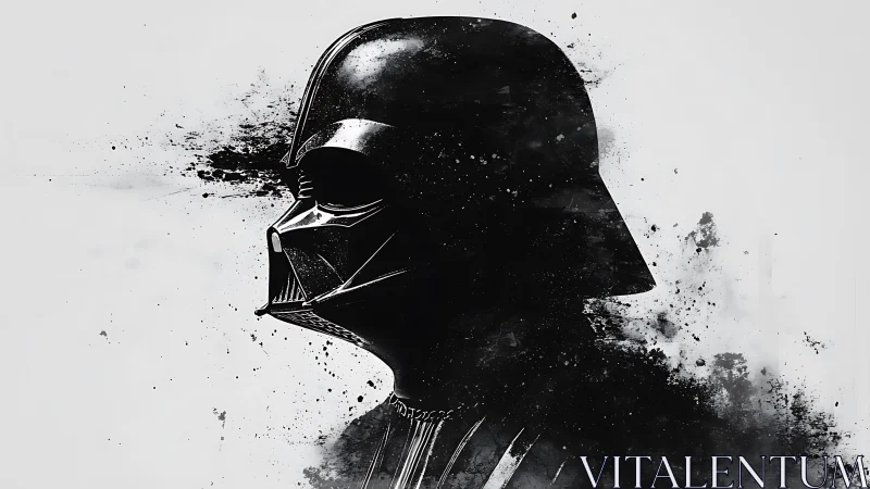 Dark armored helmet rendered in stark ink-splatter profile