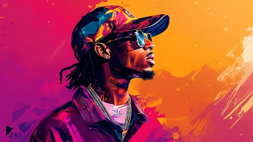 Vibrant digital portrait of man in cap and sunglasses.