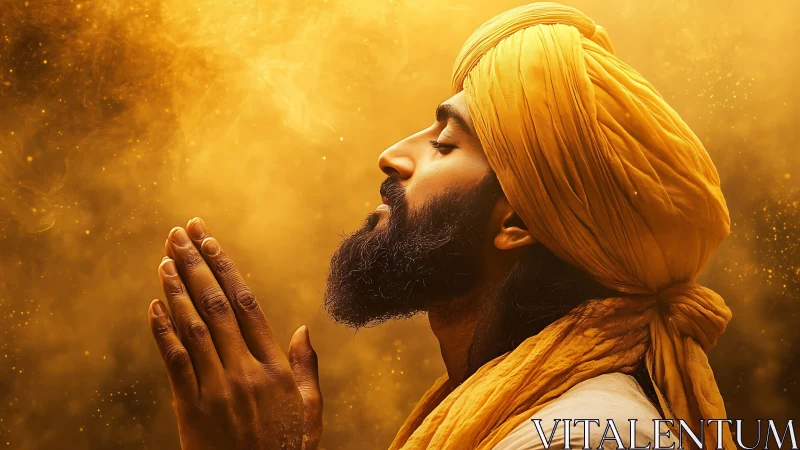 Side-profile portrait of praying man in saffron turban glow