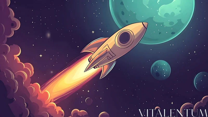 Retro rocket soars toward glowing planets in dreamy space