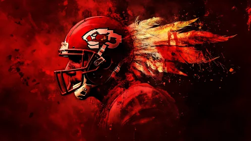 Red football helmet with stylized feather plume effect.