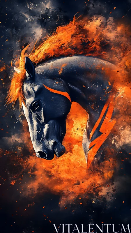 Fire-maned midnight charger erupts from stormy smoke veil