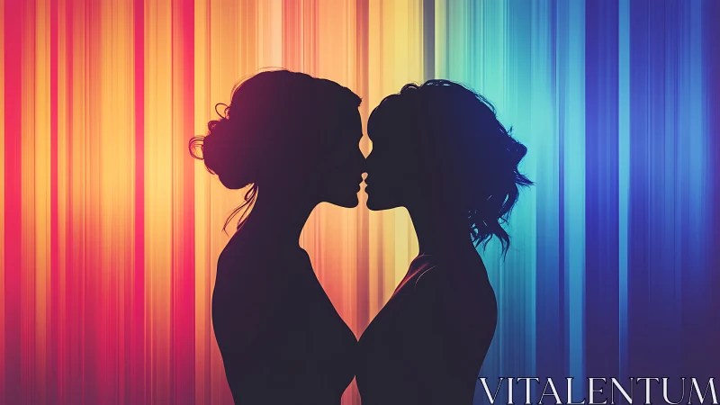 Two silhouettes kiss against vibrant neon rainbow gradient.