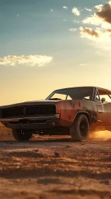 Dust‑scarred muscle car under low sun in cinematic profile.