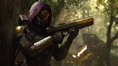 Stealth forest operative in articulated combat exosuit aiming sidearm.