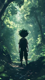 Silhouetted youth stands on shaded forest path under canopy