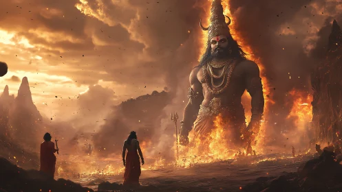 Colossal fiery deity towering above robed human figures.