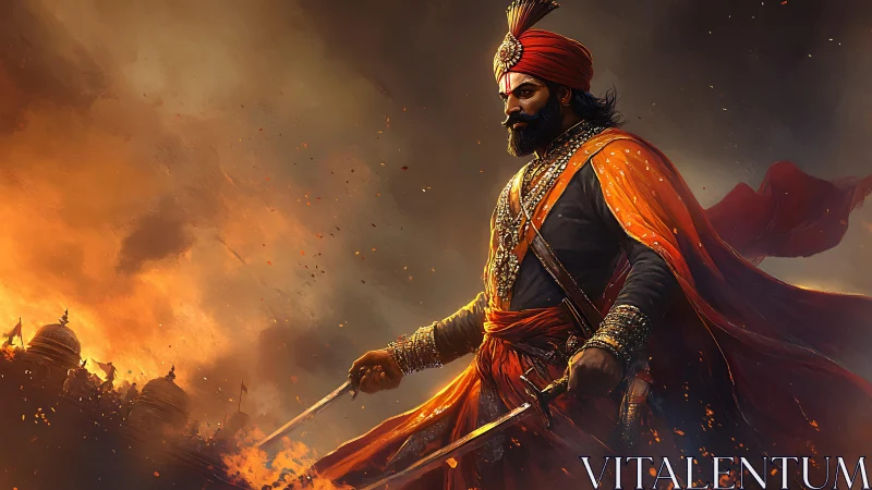 Ember-crowned warrior strides through a storm of burning dusk.