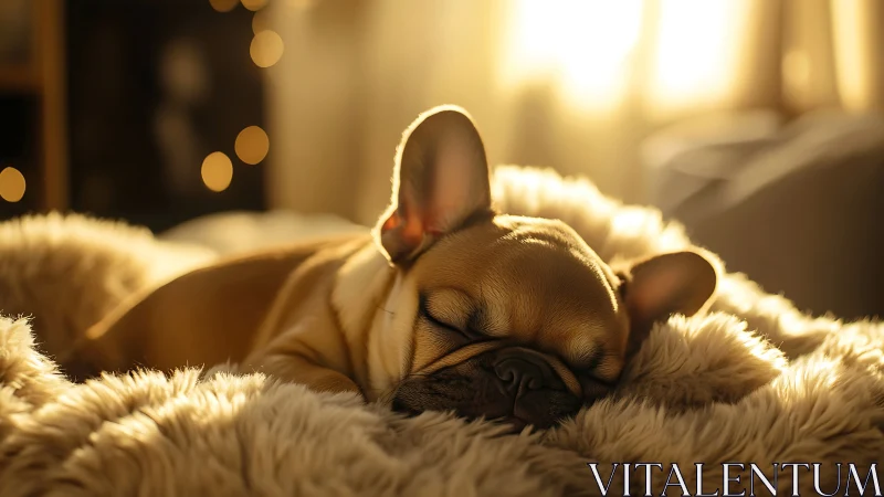 Sunlit Frenchie dreamer curled in a golden fur cloud.