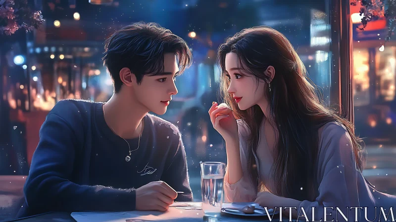 Urban Romance: Neon-Lit Encounter Between Two Figures at Evening.