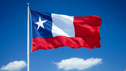 Lone Star flag waves boldly against a vivid blue sky