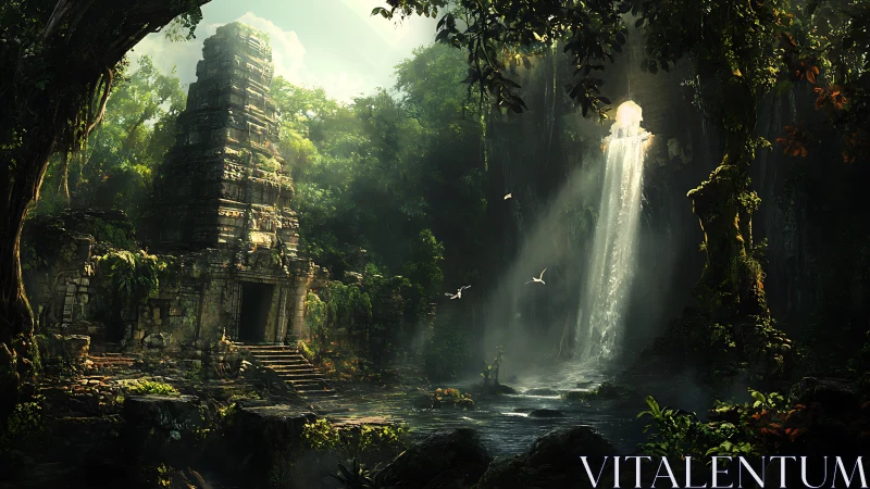 Ancient jungle temple overlooks sunlit waterfall ravine