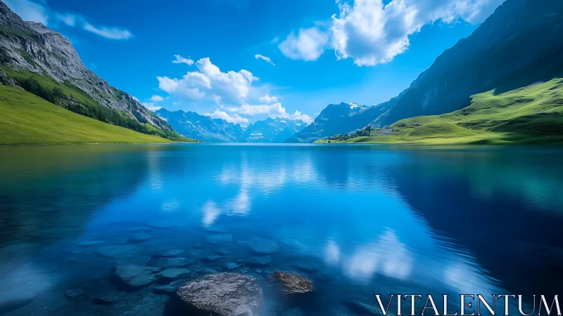 Glacial alpine lake with mirror-like reflections and steep valley walls