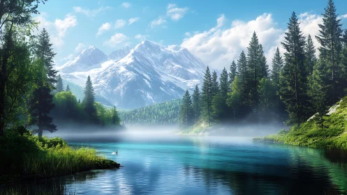 Turquoise mountain lake mirrors snow peaks and pines.