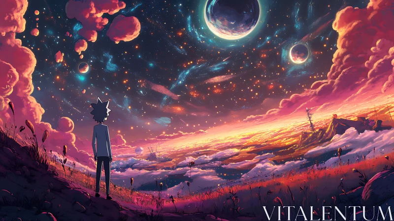 Celestial horizon vista with lone silhouetted observer at dusk