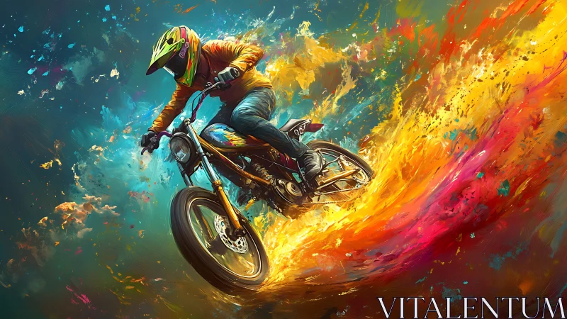 Motorcyclist carving neon fire trail in dynamic color motion.