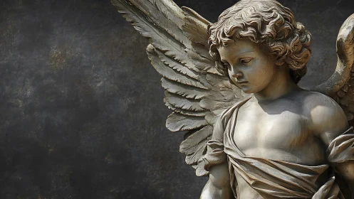 Stone winged cherub statue is positioned against dark wall
