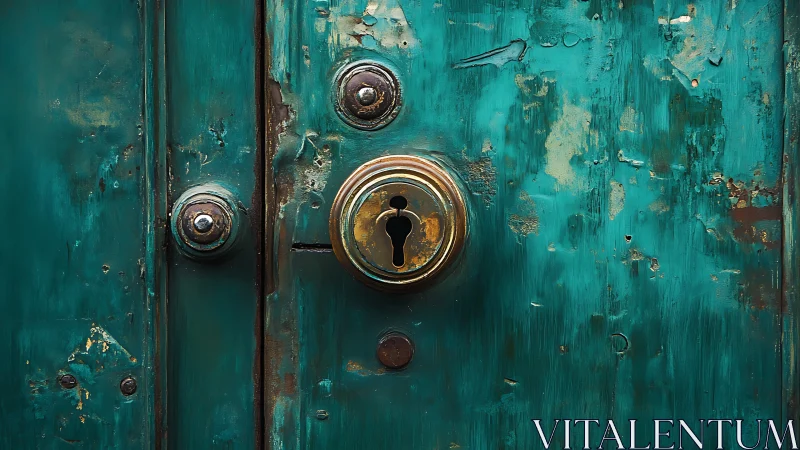 Weathered teal metal door with corroded brass lock cylinder detail