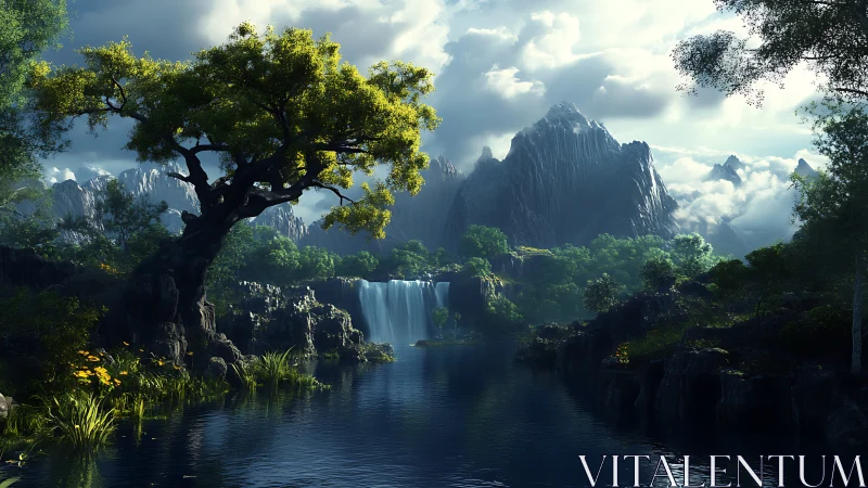 Fantasy waterfall valley with dramatic mountainous backdrop.