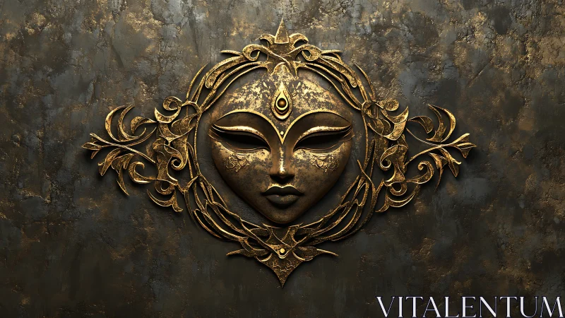 Ornate golden goddess mask rendered in sculptural 3D relief