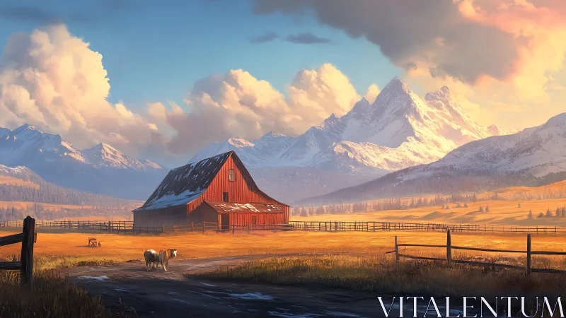 Red barn in open valley with distant snow covered peaks.