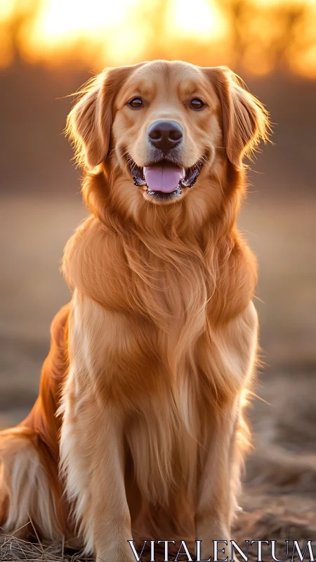 Golden retriever smiles in warm sunset field portrait.