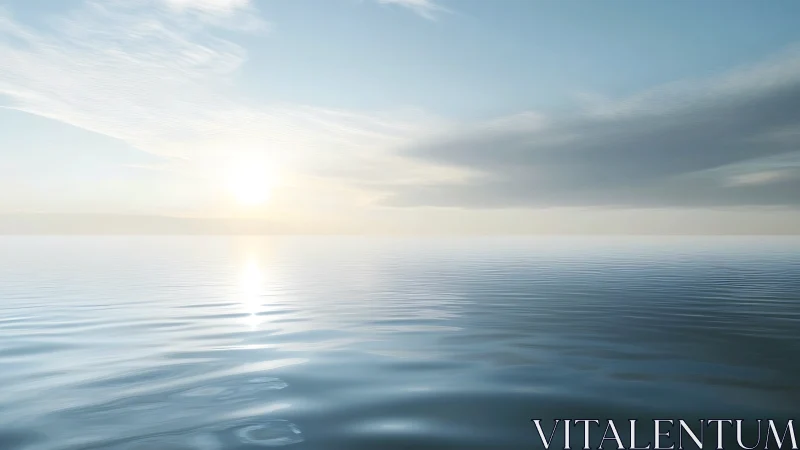 Sunlit horizon aligns over calm, uniformly rippled ocean surface