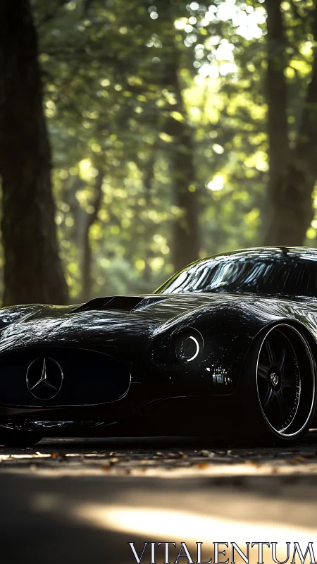 Sleek black Mercedes sports car parked on forest road.