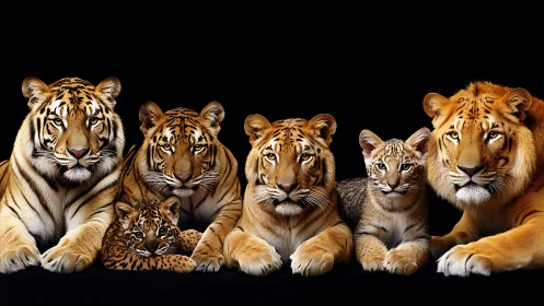 Tiger Family Portrait Against Black Background.