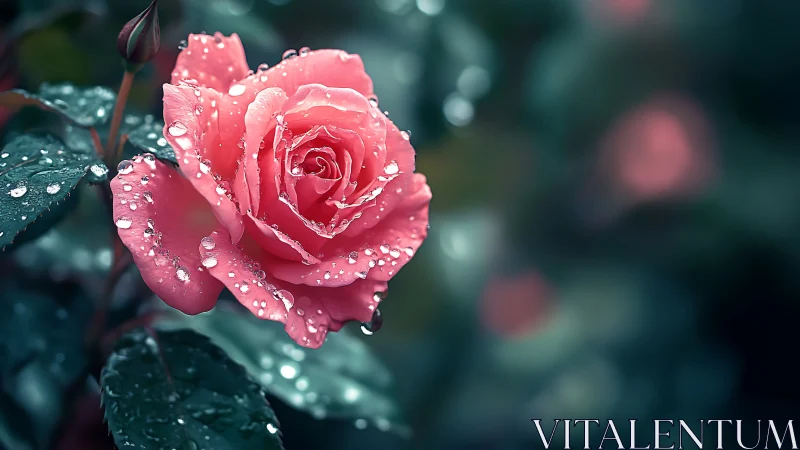 Crimson Bloom Adorned in Dewdrops: Nature's Jeweled Rose.