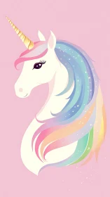Pastel unicorn portrait with flowing rainbow mane on pink