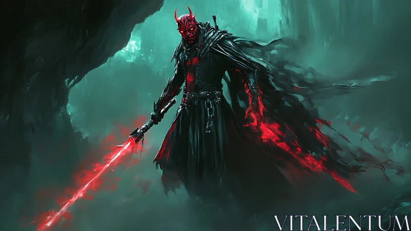 Crimson warlord stalks the mist with a blazing hellblade.