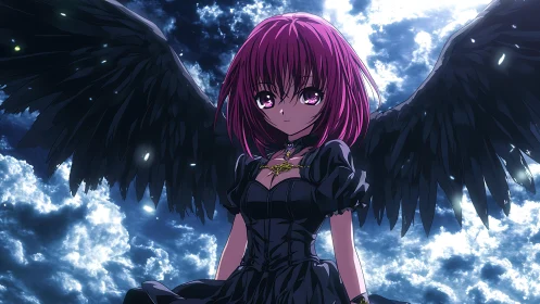 Winged character stands before backlit clouded sky