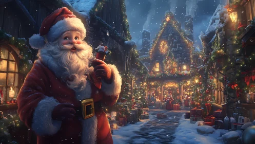 Santa walks through snowlit village under glowing garlands