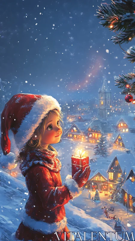 Girl holds glowing gift over snowy Christmas village