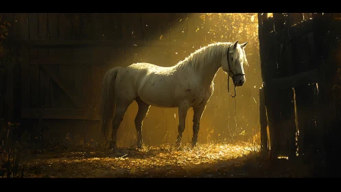 White horse standing in backlit barn entrance at dusk.